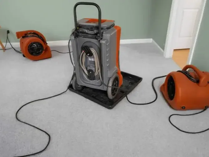 A bedroom with wet carpet drying under a dehumidifier and two air movers
