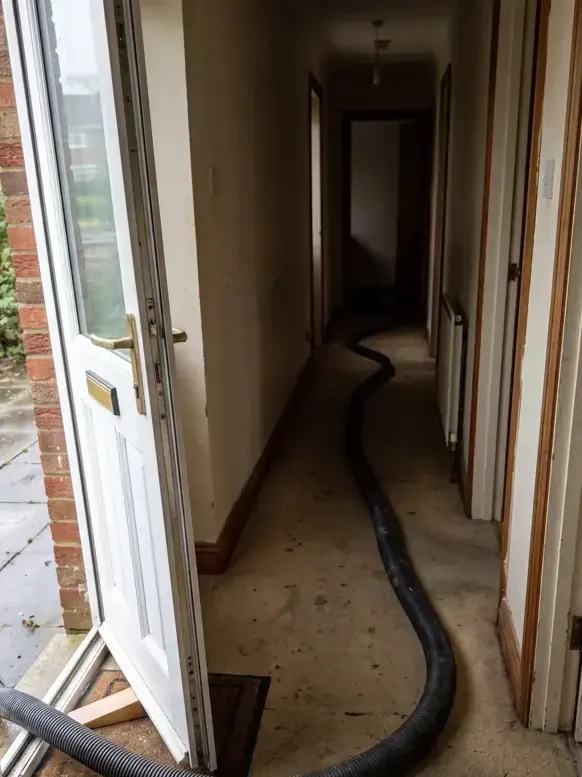 Hose from an extraction unit passing through the front doorway to the yard