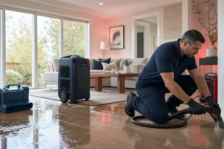 Restoration tech pulling water off a living room floor next to an air mover and a dehumidifier during an emergency dry-out