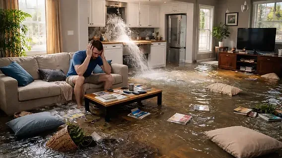 Standing flood water covering a living room floor and the furniture on it