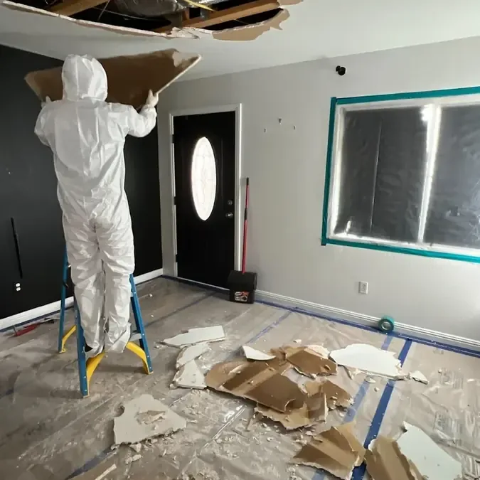 Brown water stain spreading across a ceiling inside a house