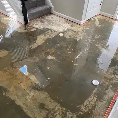 Muddy floodwater standing across a floor after heavy rain