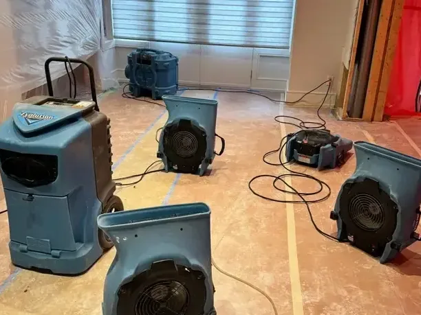 Air movers and dehumidifiers drying a room down to the bare subfloor
